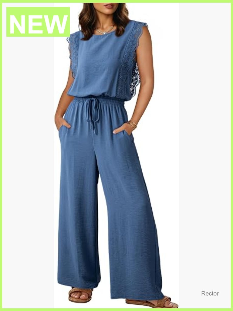 Womens Crewneck Lace Cap Sleeve Drawstring High Waist Wide Leg Jumpsuit With